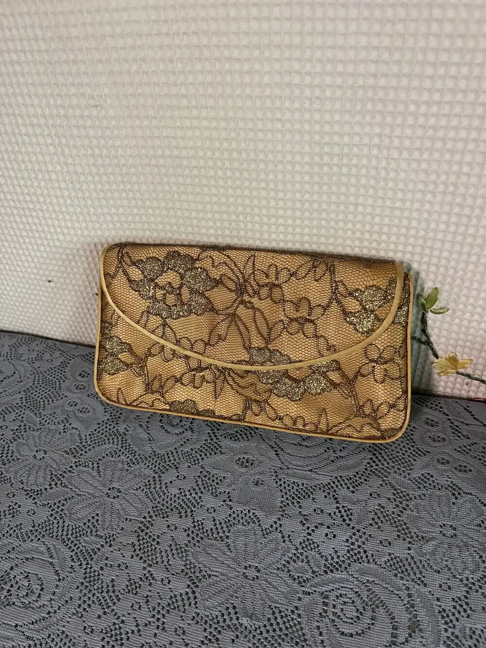 Gold Metallic Lace Evening Clutch Bag Braided Rope Strap Mirror Formal Purse